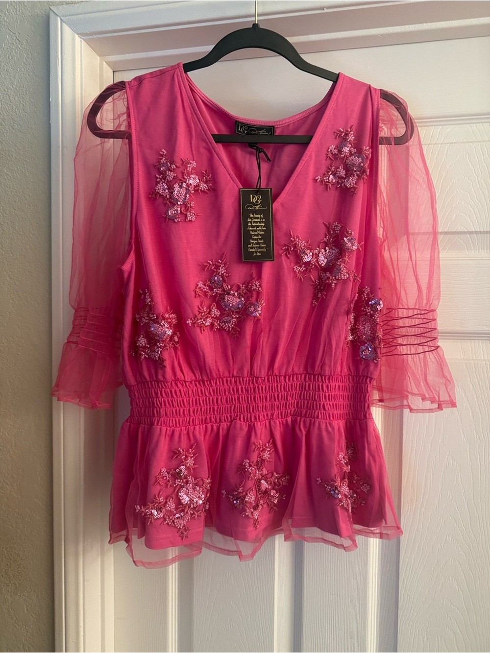 DG2 by Diane Gilman Hot Pink Embroidered Mesh Peplum Blouse